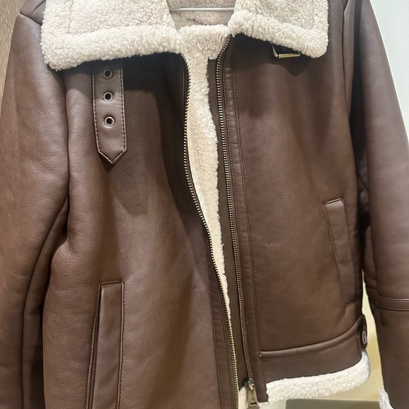 Ralph Lauren Faux Leather Aviator Pilot Jacket Mat Brown Fur Collar Size Small - Picture 2 of 4